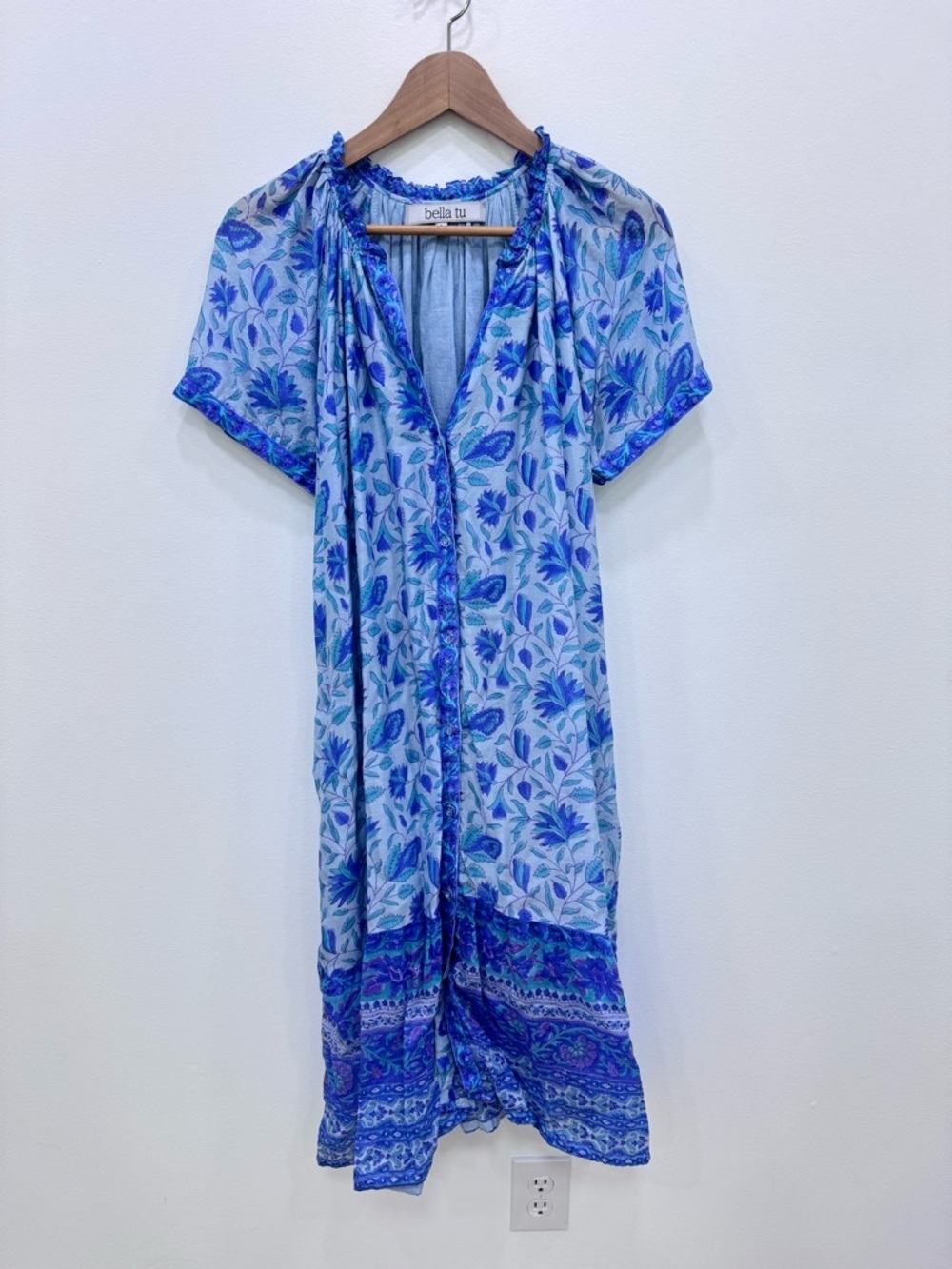 Bella Tu Shirtdress block print ruffle blue purple Sz LG no belt